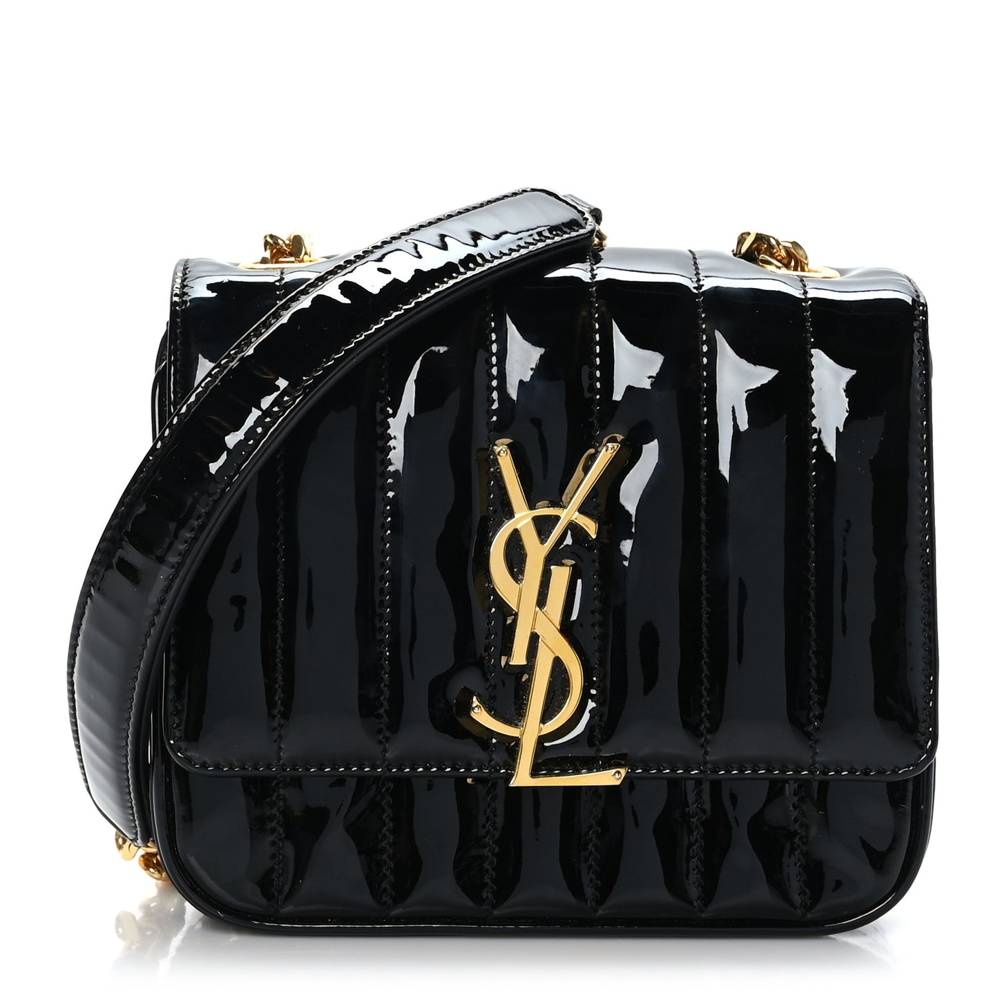 Patent Calfskin Matelasse Monogram Small Vicky Chain Bag Black