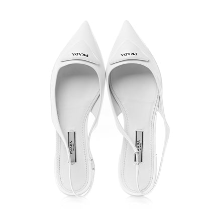 Prada Spazzolato Padded Triangle Logo Pointed Toe Slingback Flats 37.5 White 2 of 11