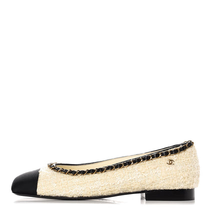 Chanel Tweed Grosgrain Chained Cap Toe Ballerina Flats 37 Ivory Black 1 of 9
