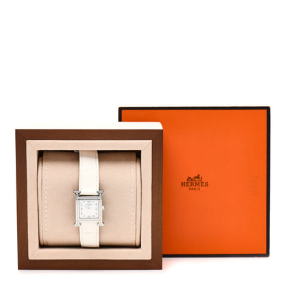 Hermes Stainless Steel Alligator Diamond Bezel Mother of Pearl 21mm Heure H Hour Quartz Watch Blanc 5 of 5