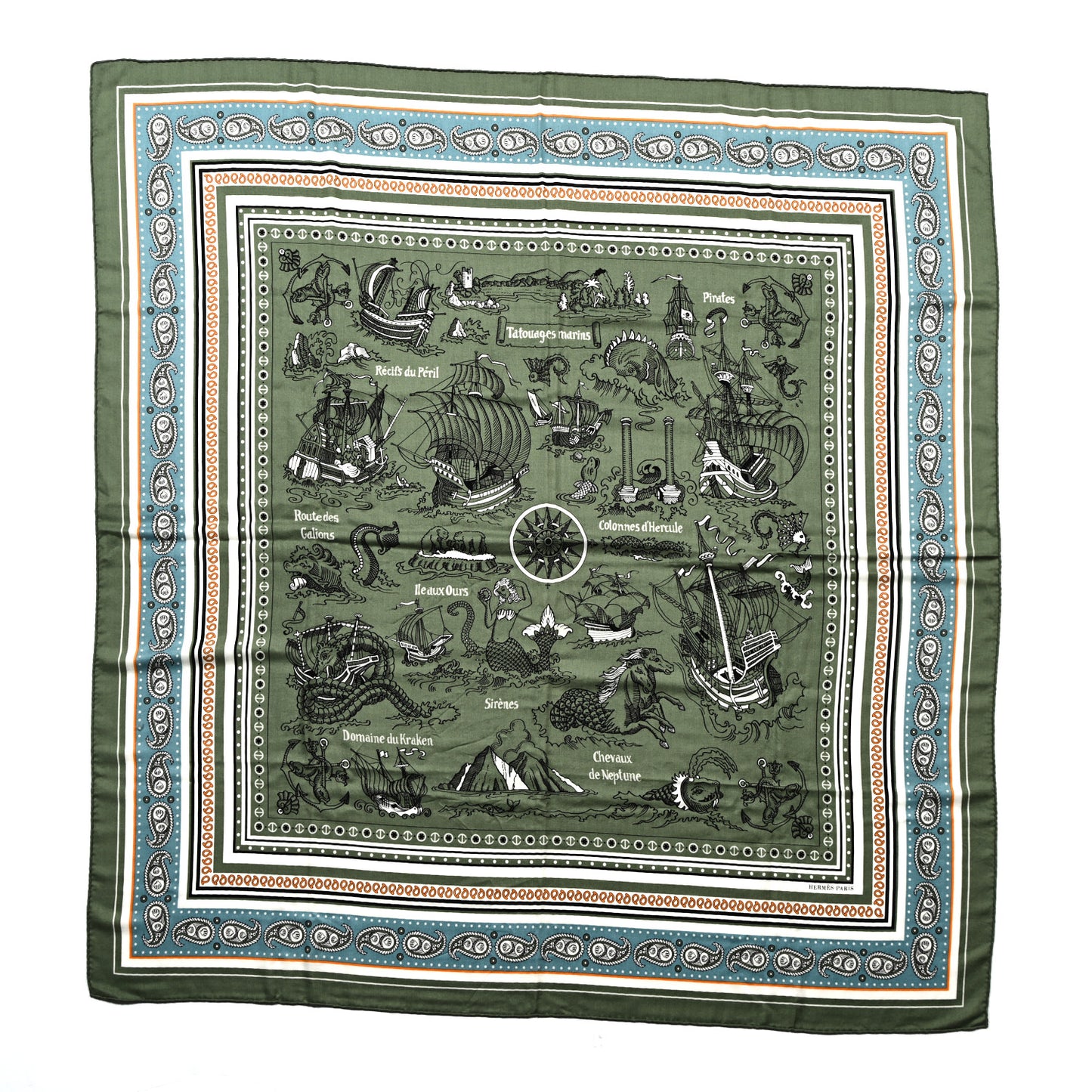 Cashmere Silk Tatouages Marins Bandana Shawl 140 Kaki Clair Bleu Glacier Black