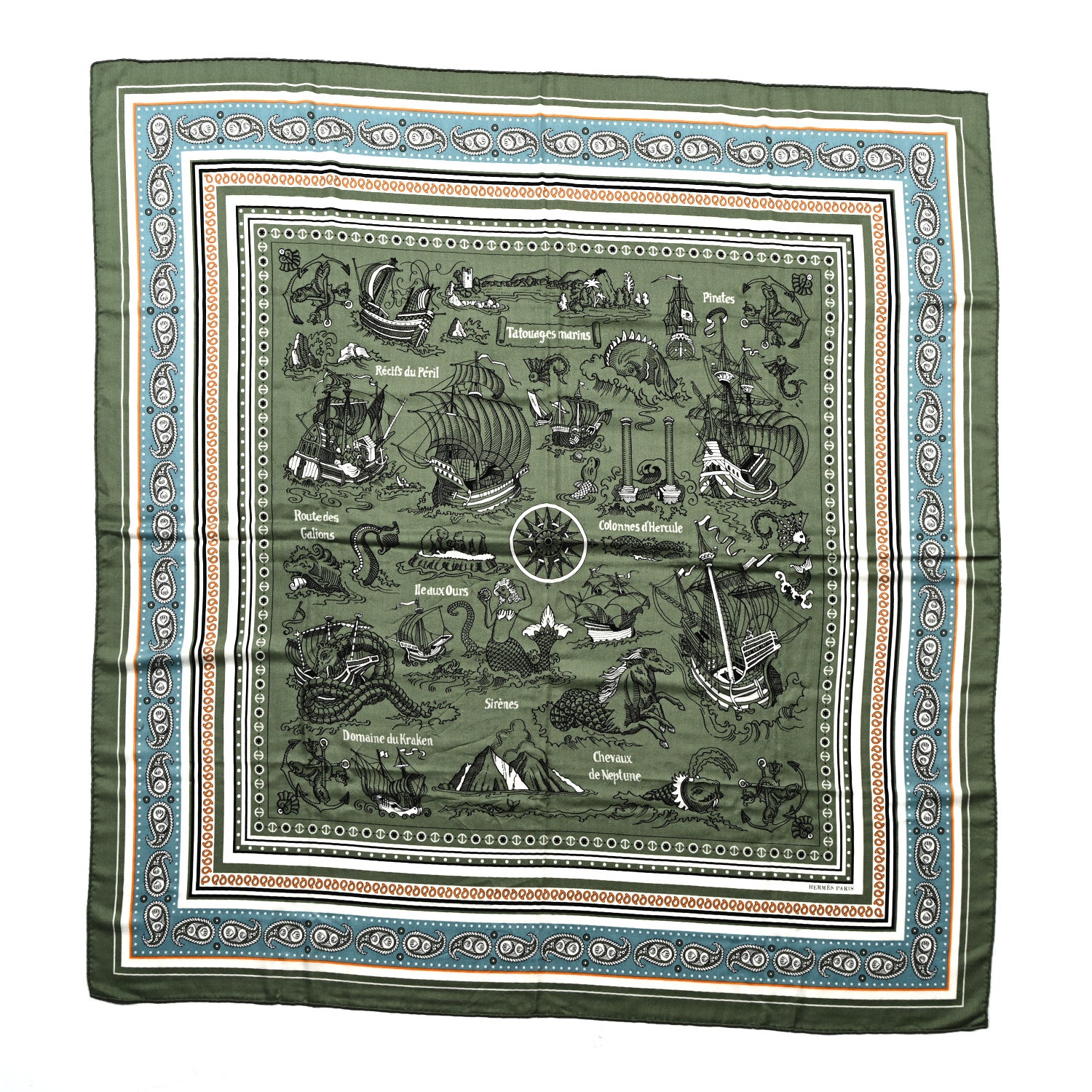Hermes Cashmere Silk Tatouages Marins Bandana Shawl 140 Kaki Clair Bleu Glacier Black 1 of 5