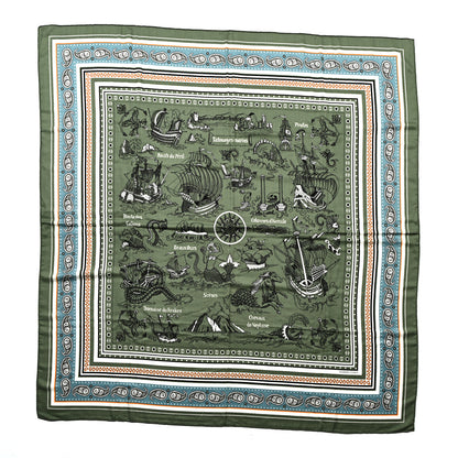 Hermes Cashmere Silk Tatouages Marins Bandana Shawl 140 Kaki Clair Bleu Glacier Black 1 of 5