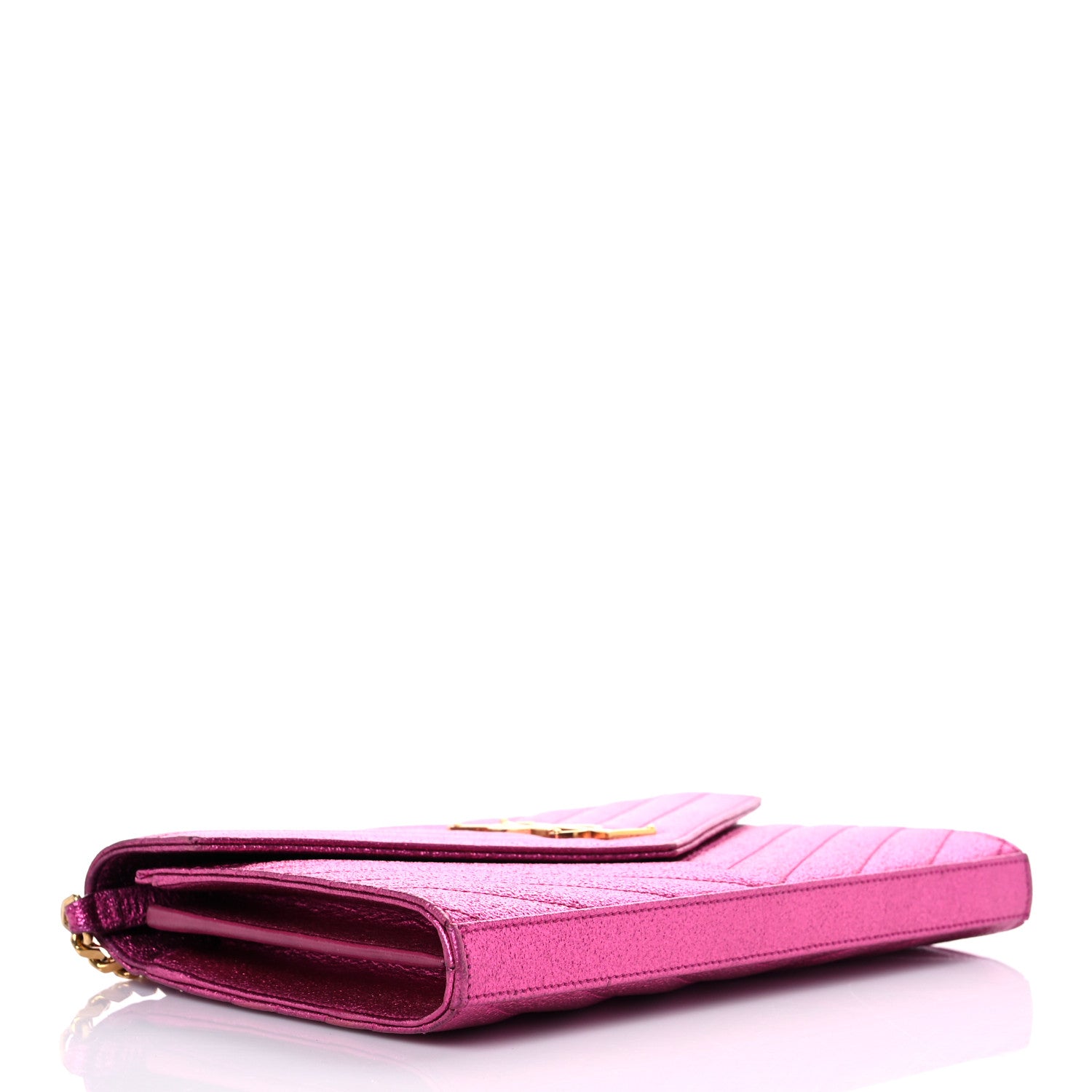Saint Laurent Metallic Crackled Calfskin Matelasse Chevron Monogram Chain Wallet Fuchsia 3 of 16