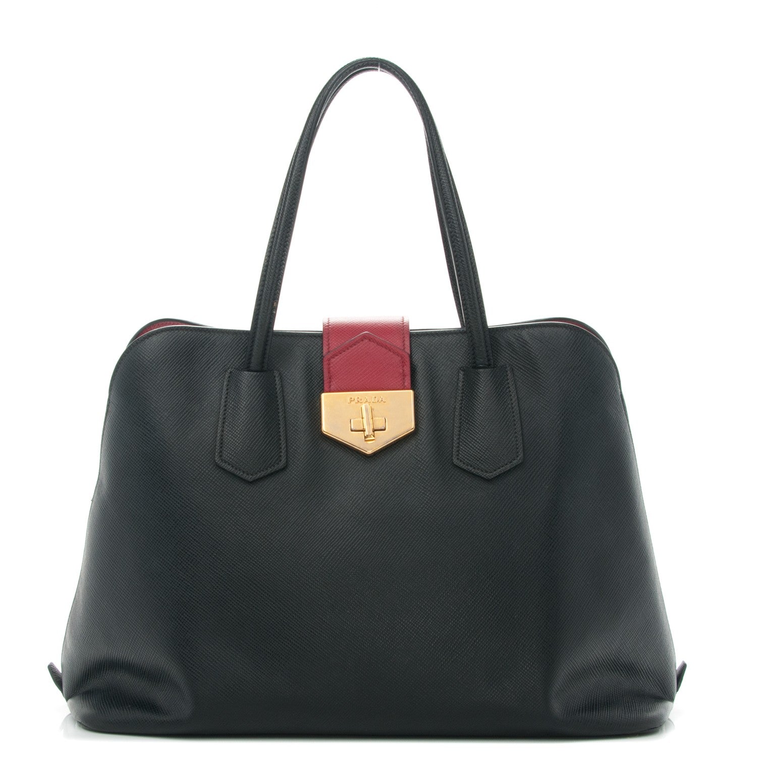 Prada Saffiano Cuir Bi-Color Double Handle Tote Black Fuoco 1 of 11