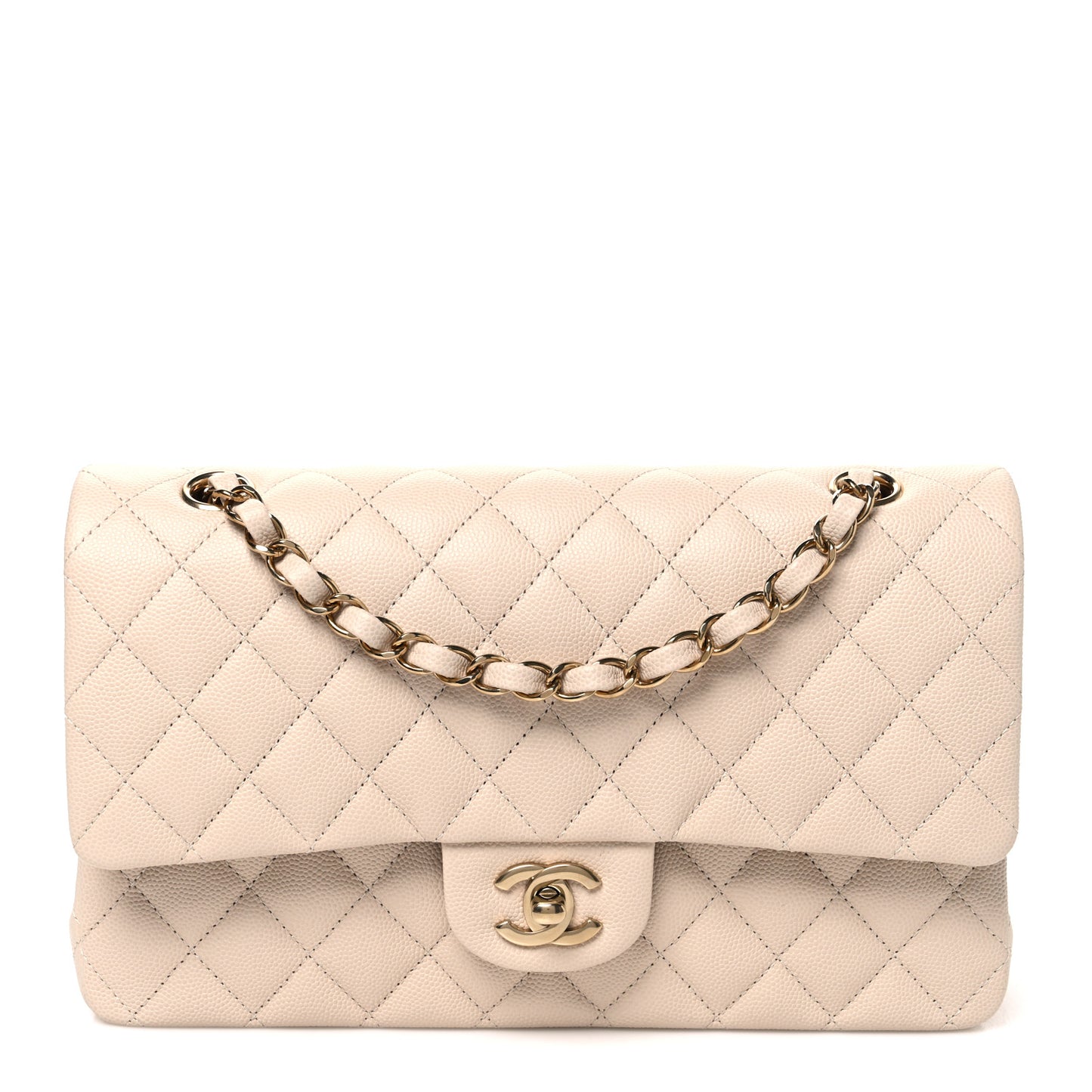 Caviar Quilted Medium Double Flap Ecru
