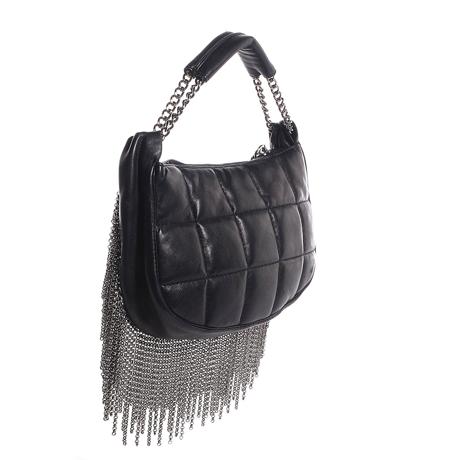 CHANEL ブラック キルティングデザイン ショルダーバッグ Chanel Lambskin Square Quilted Chain Fringe Pochette Black 83382