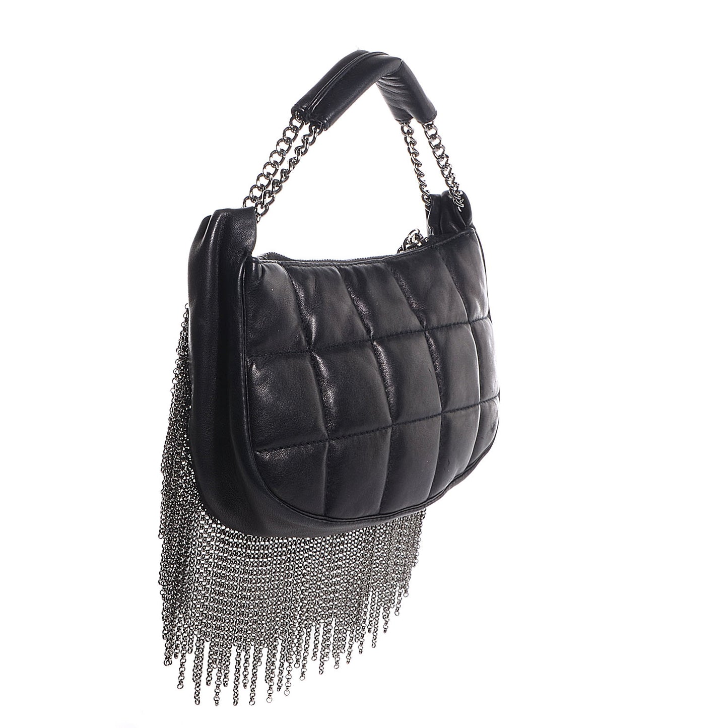 Lambskin Square Quilted Chain Fringe Pochette Black