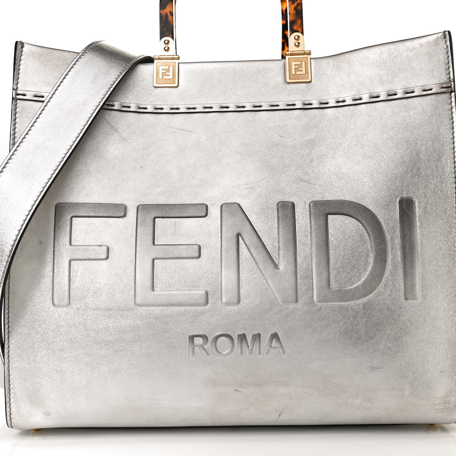 Fendi Vitello Catalan Mirror Plexiglass Logo Embossed Medium Fendi Sunshine Shopper Tote Argento 9 of 13