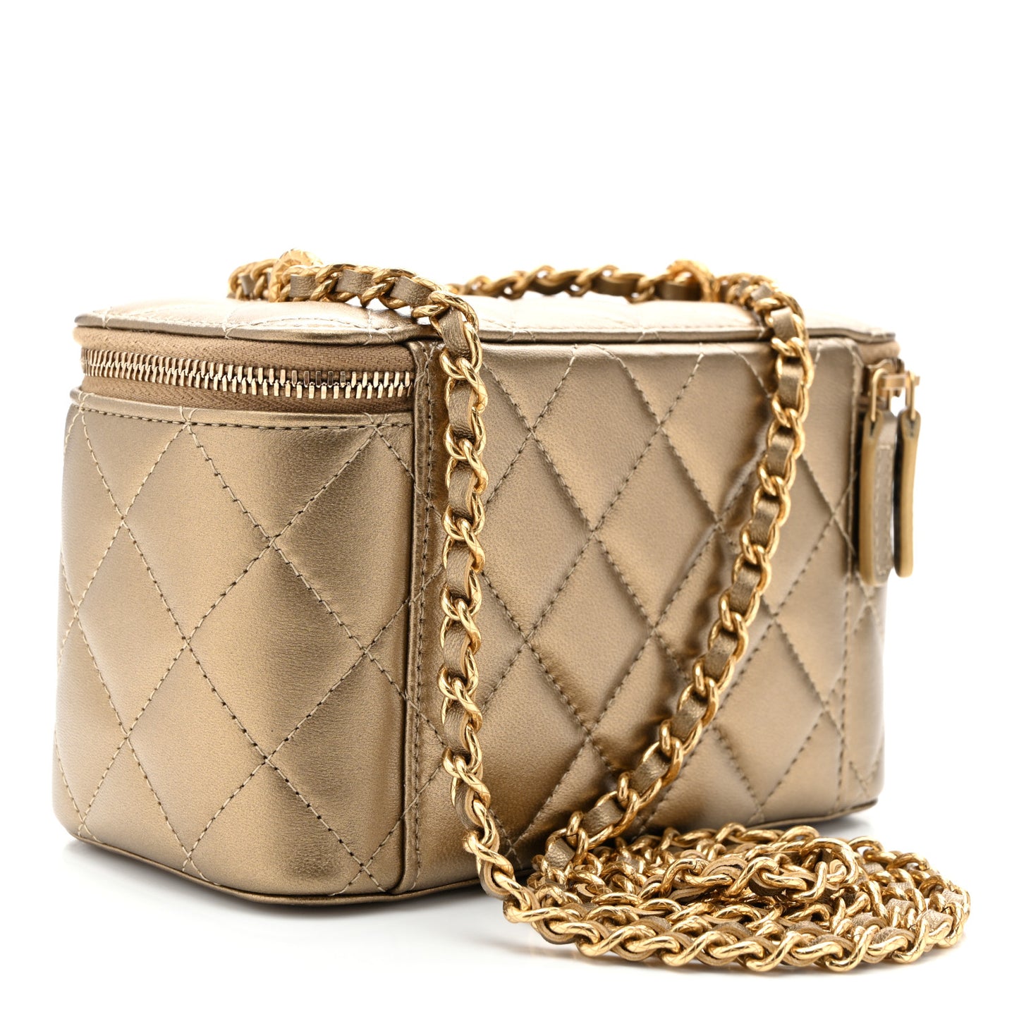 Metallic Lambskin Quilted Small CC Dynasty Vanity Case With Chain Gold