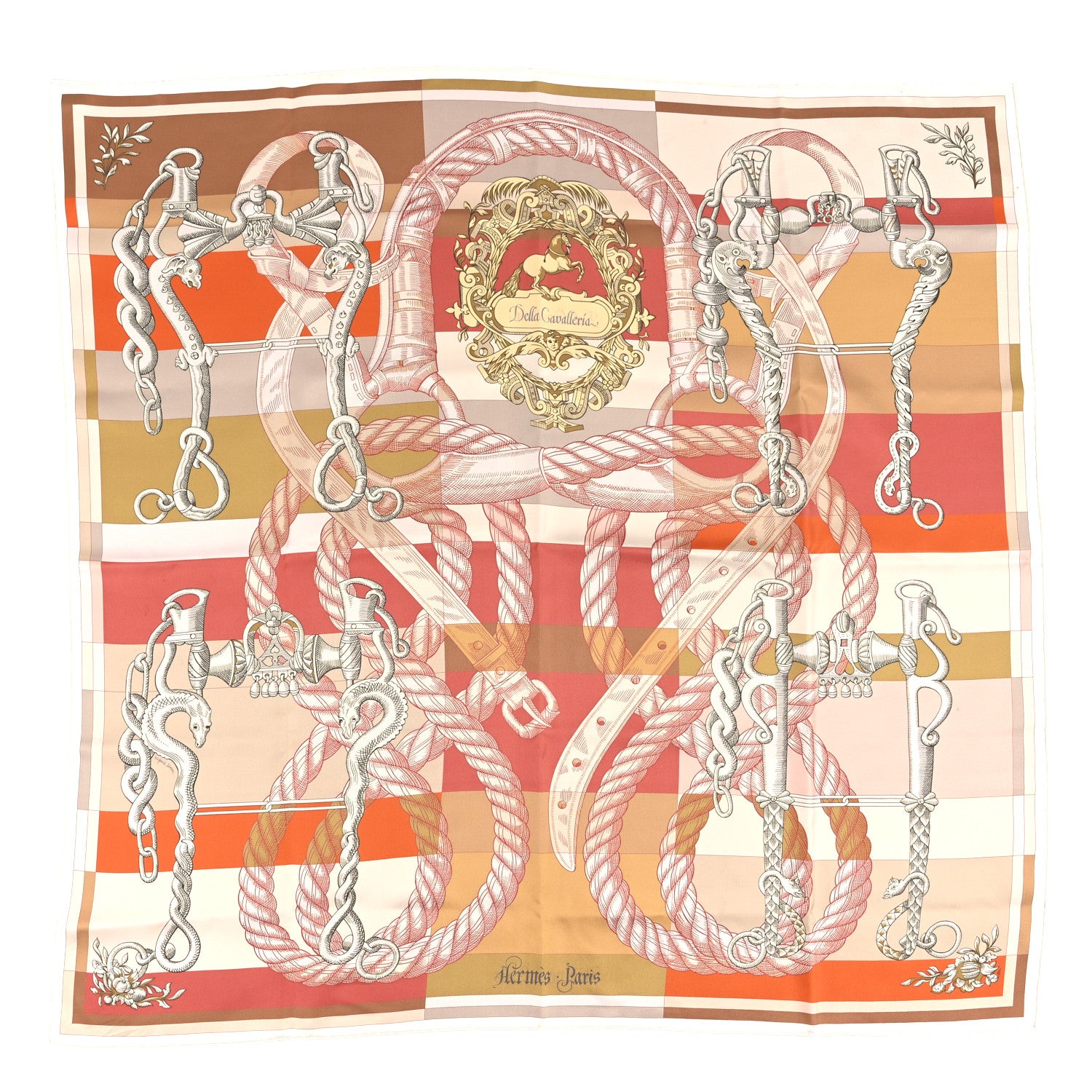 Hermes Silk Double Face Della Cavalleria Fine Scarf 90 White Rose Orange 1 of 6