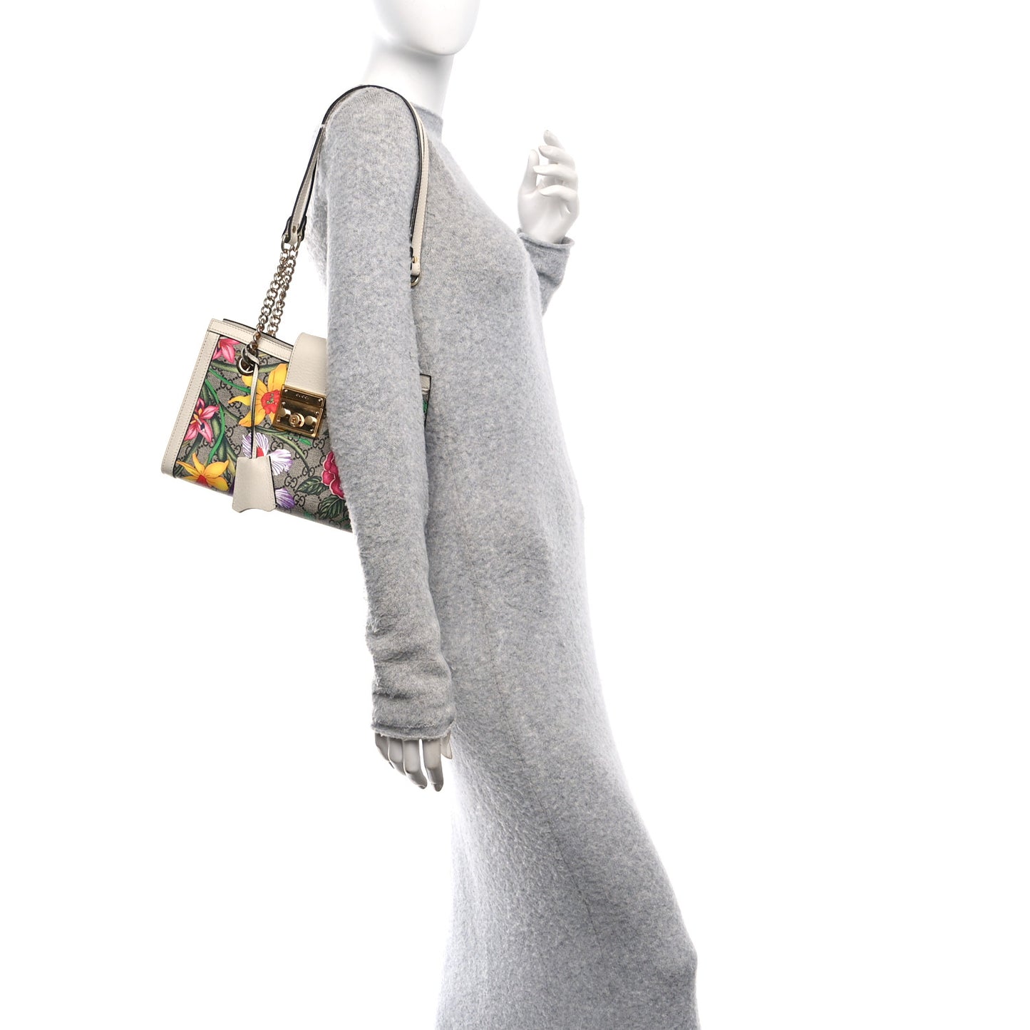 GG Supreme Monogram Flora Textured Calfskin Small Padlock Tote Beige Ebony Multicolor Mystic White