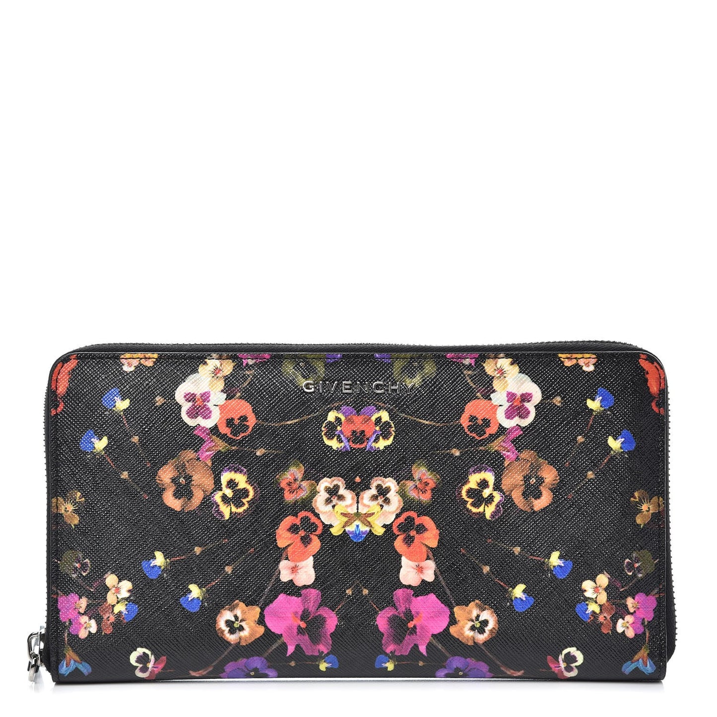 Textured Coated Canvas Pansy Print Travel Zip Around Wallet Multicolor