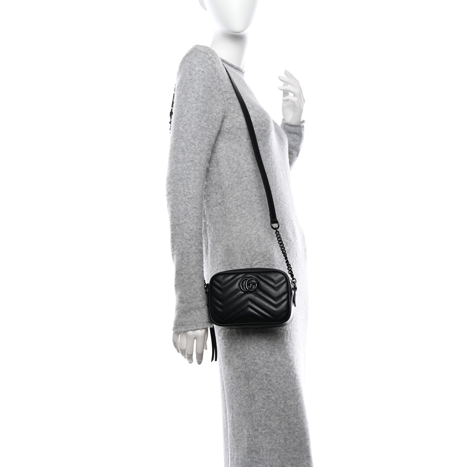 Gucci Calfskin Matelasse Monochrome Mini GG Marmont Chain Shoulder Bag Black 2 of 11