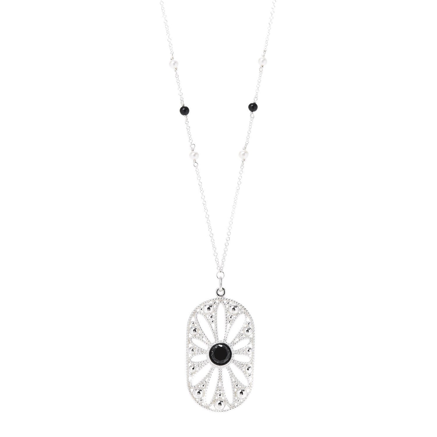 Sterling Silver Black Onyx Pearl Ziegfeld Daisy Pendant Necklace