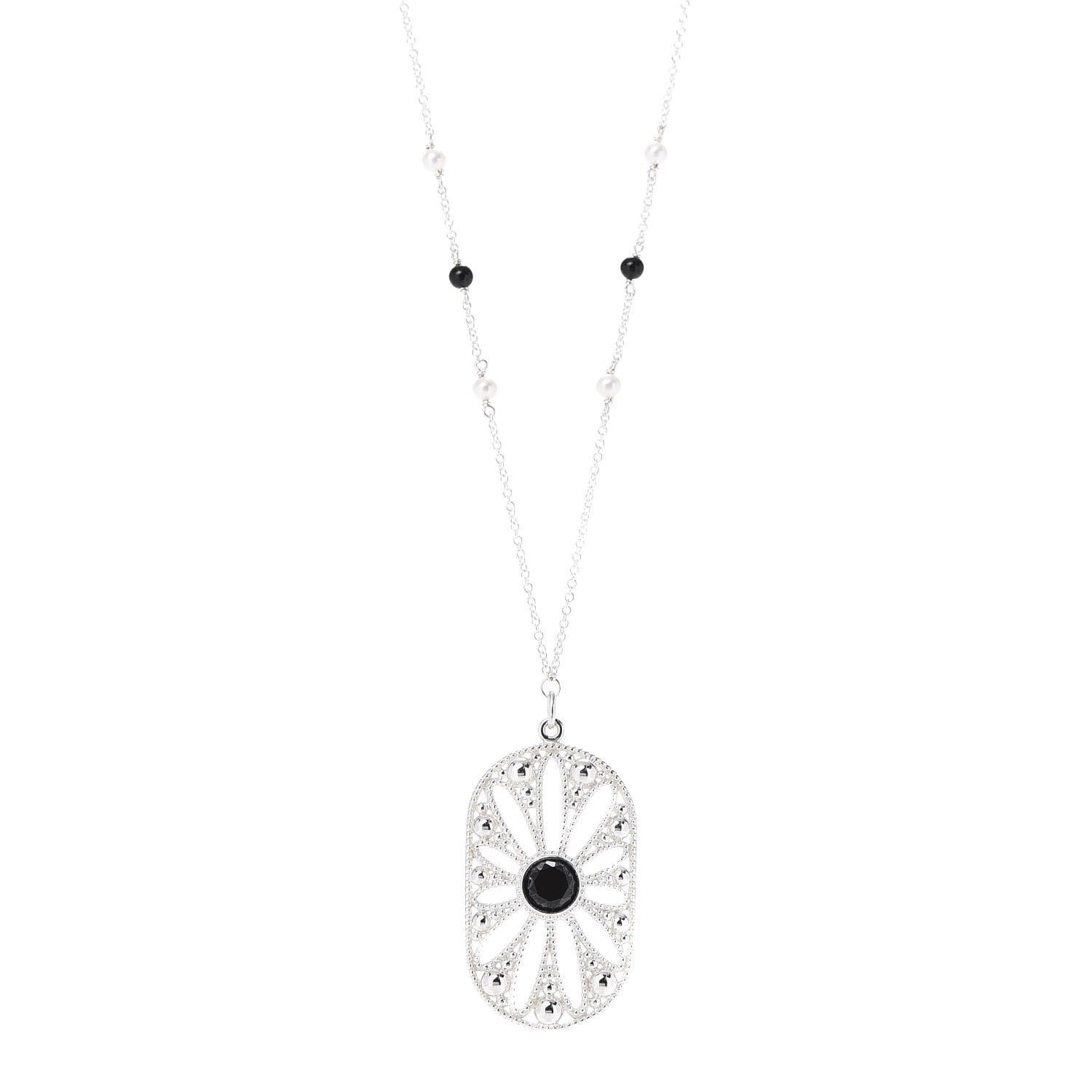 Tiffany Sterling Silver Black Onyx Pearl Ziegfeld Daisy Pendant Necklace 1 of 6