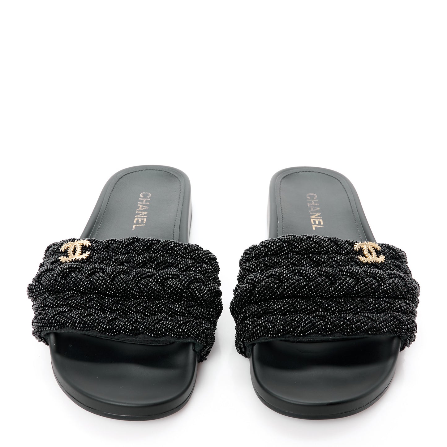 Lambskin Pearl Beaded Woven Slides 41 Black