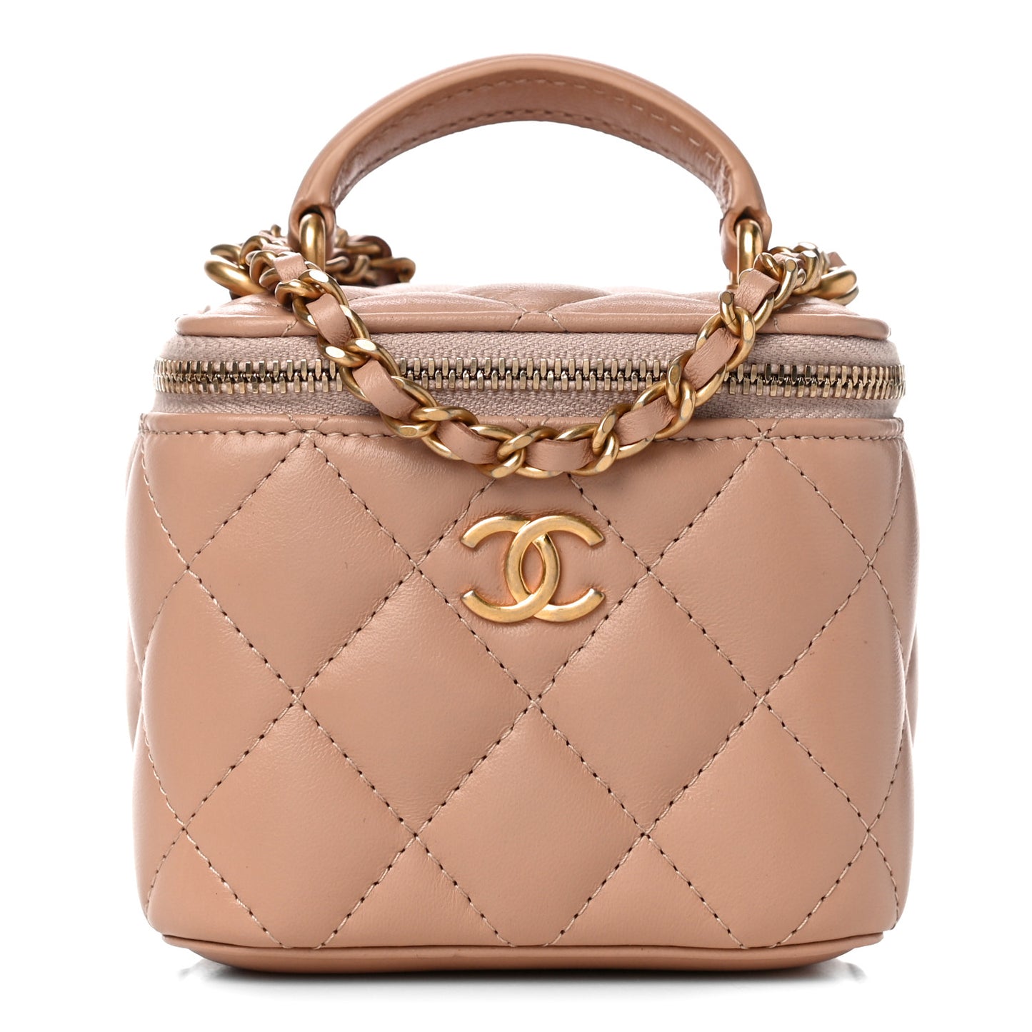 Lambskin Quilted Top Handle Mini Vanity Case With Chain Beige