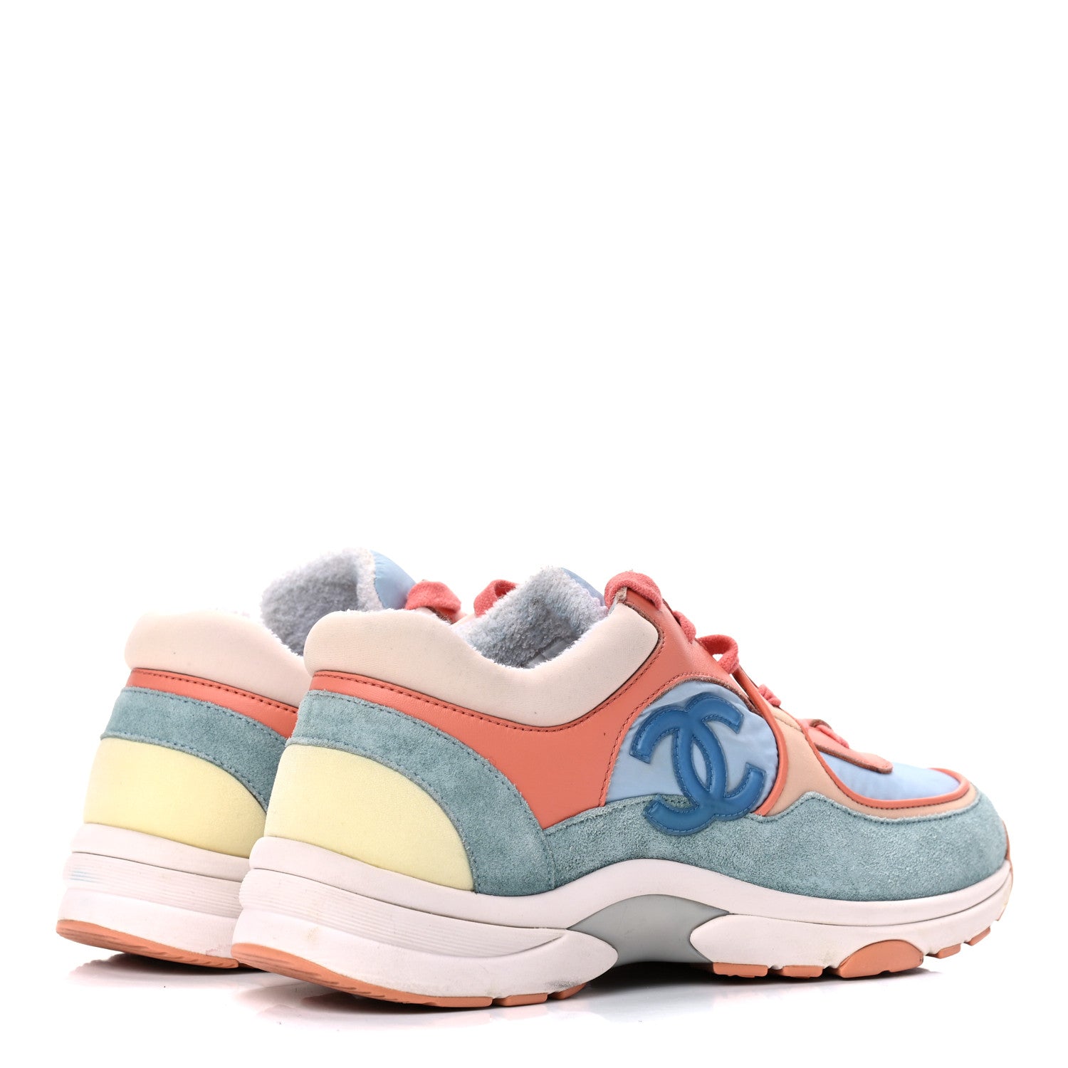 Chanel Nylon Lambskin Suede Calfskin CC Sneakers 38.5 Coral Light Blue White 4 of 18