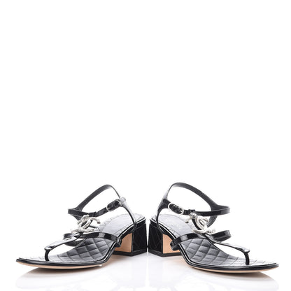 Chanel Calfskin Patent Quilted CC Sandals 41 Black 6 of 11