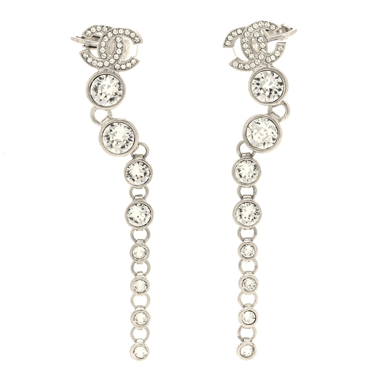 Chanel Crystal CC Long Drop Earrings Silver 1 of 4