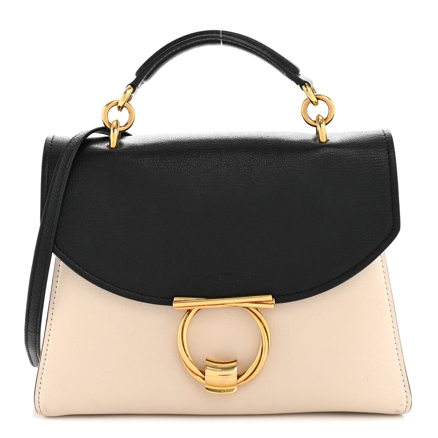 Salvatore Ferragamo Calfskin Small Margot Top Handle Satchel Bone Black 1 of 13