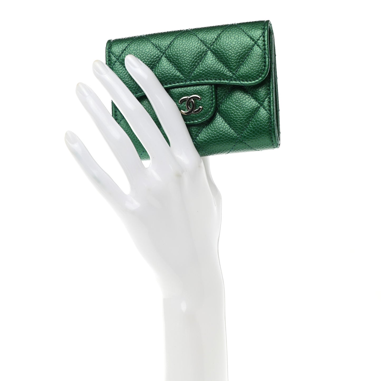 Metallic Caviar Quilted Card Holder Wallet Green