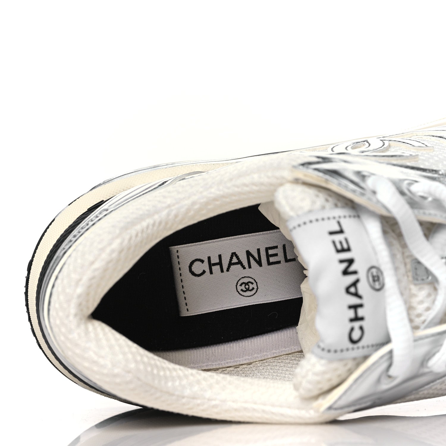 Chanel Fabric Laminated Calfskin Stretch CC Womens Sneakers 39.5 White Silver 7 of 9