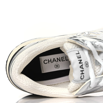 Chanel Fabric Laminated Calfskin Stretch CC Womens Sneakers 39.5 White Silver 7 of 9