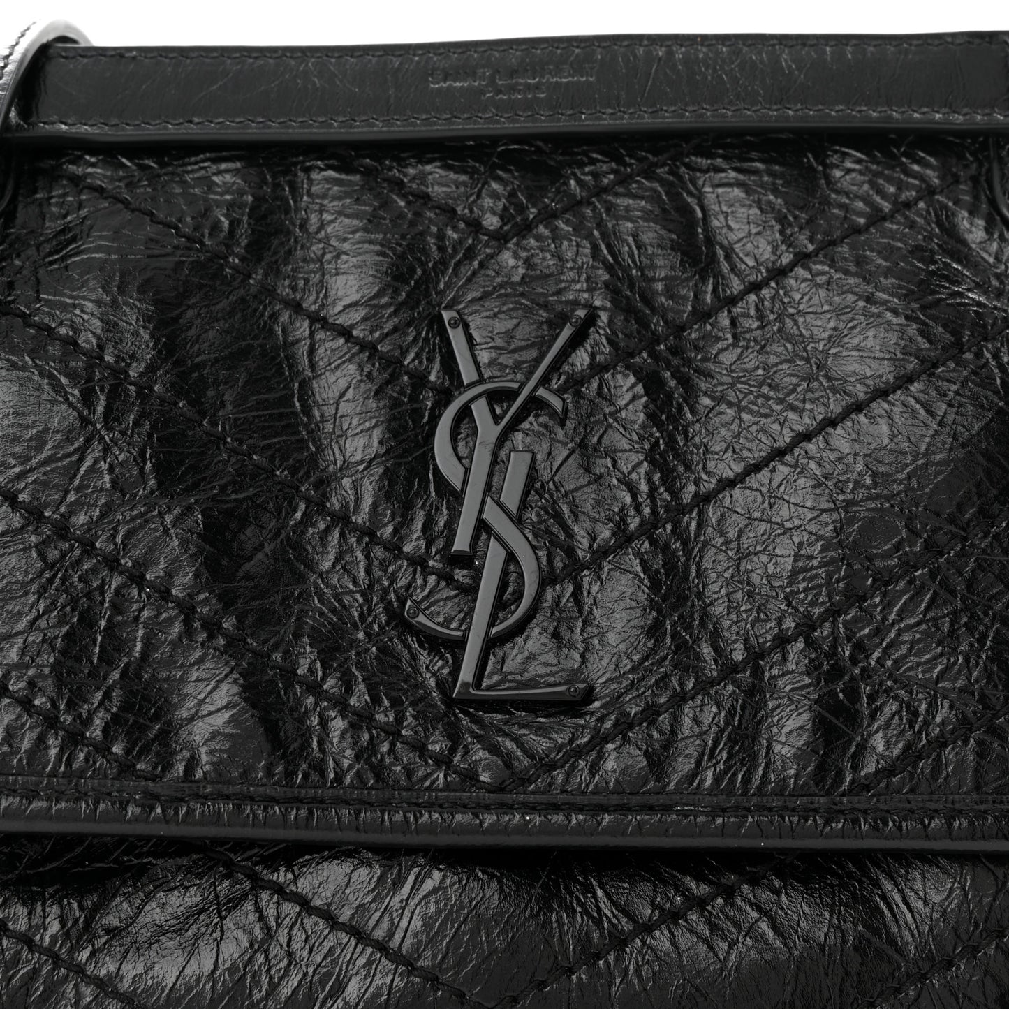 Crinkled Calfskin Matelasse Monogram Baby Niki Chain Satchel Black