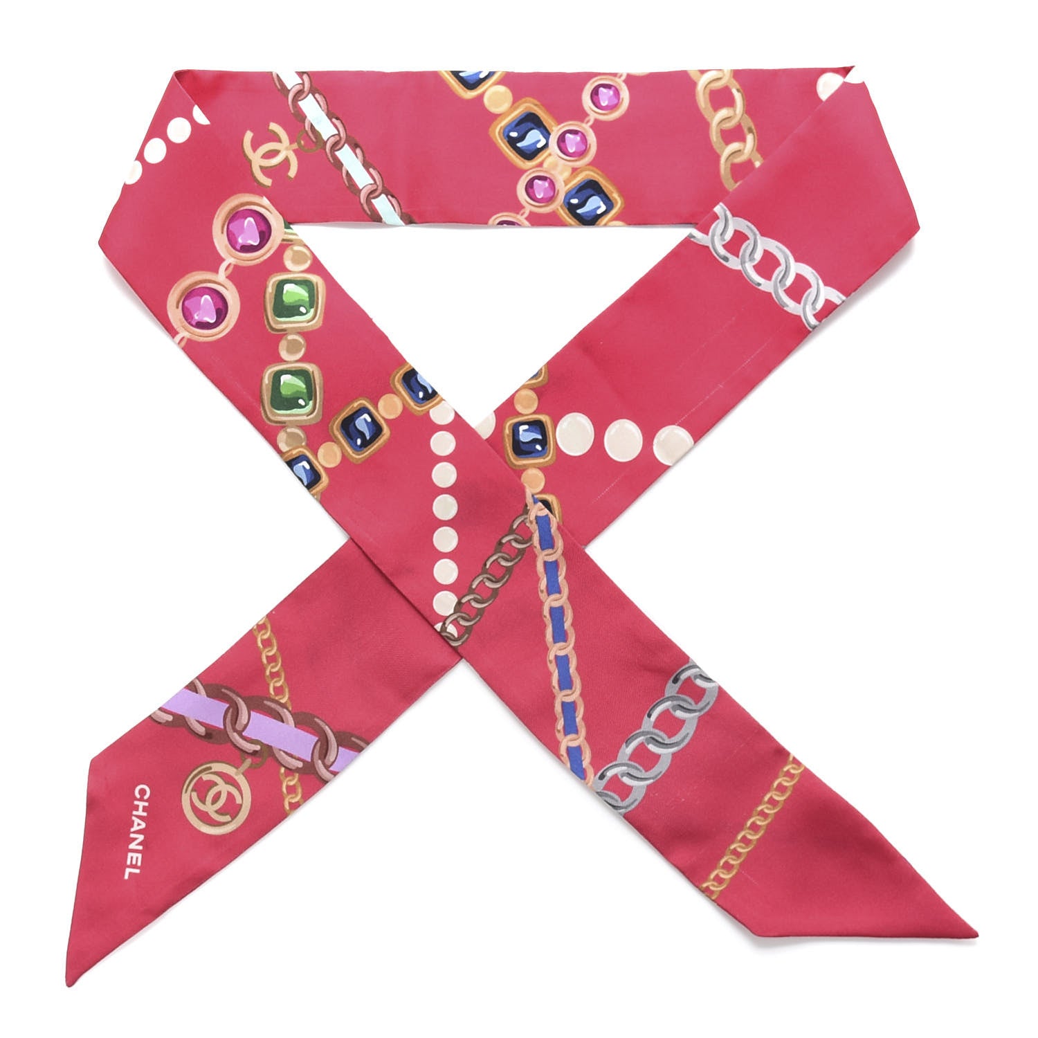 Chanel Silk Pearl CC Chain Slim Bandeau Scarf Pink 1 of 8