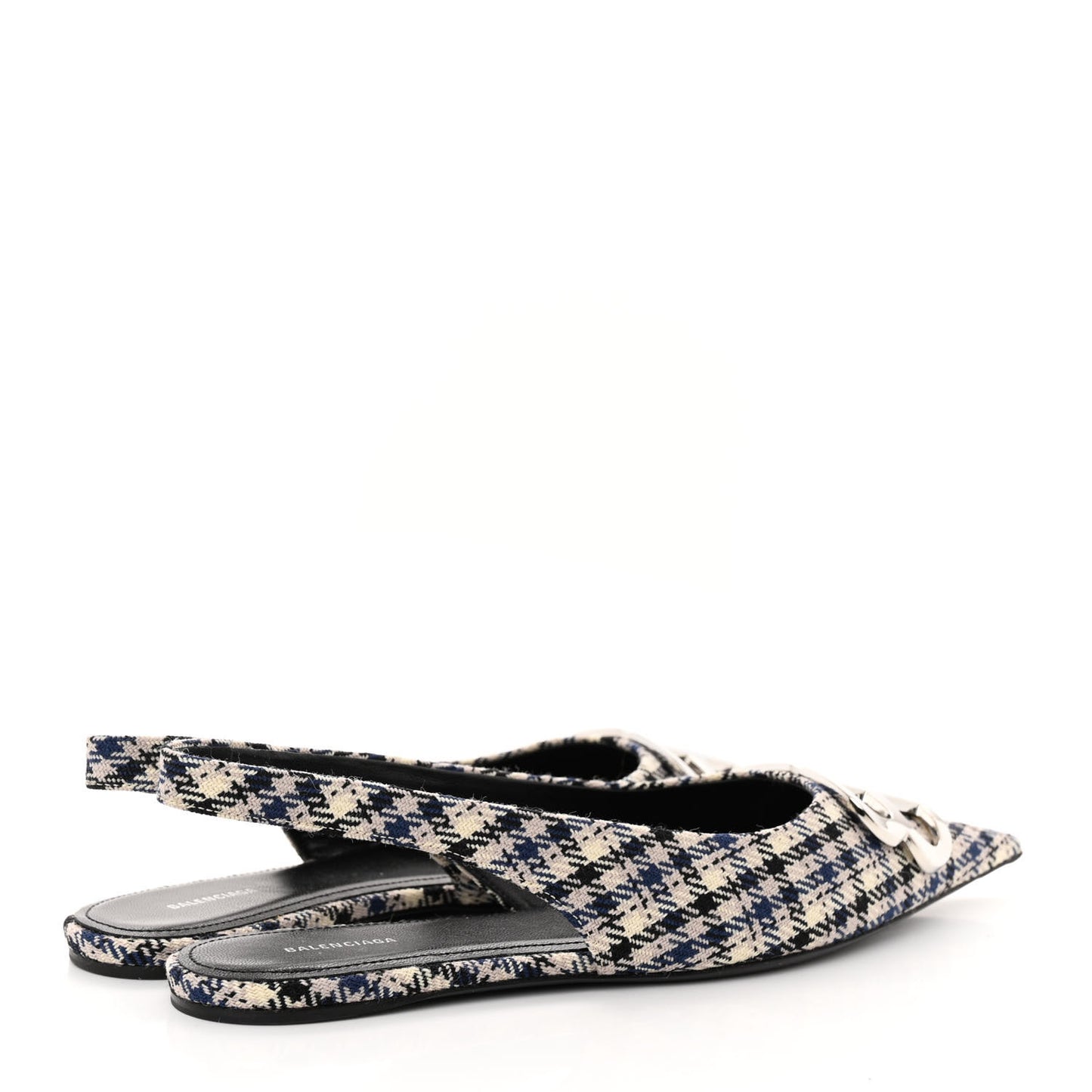 Tweed Prince Of Wales BB Knife Pointy Toe Slingback Flats 36 Beige Navy Silver