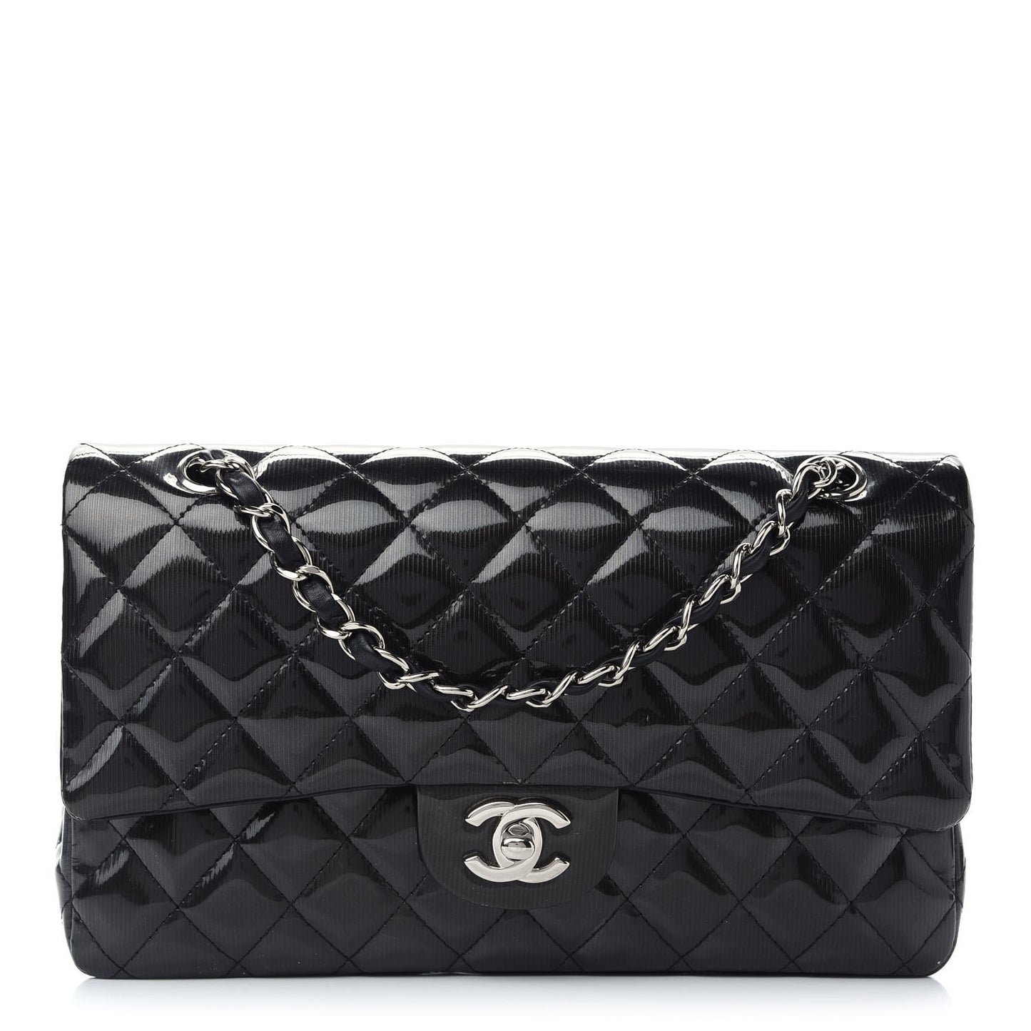 Striated Patent Quilted Medium Double Flap Black