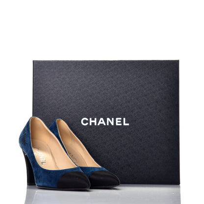 Chanel Suede Satin Cap Toe Gabrielle Pumps 35 Navy Black 9 of 9