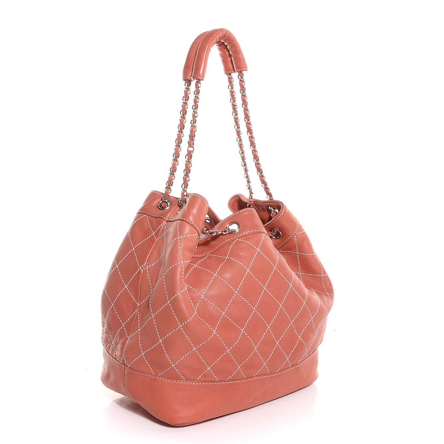 Lambskin Contrast Stitch Large Drawstring Tote Coral