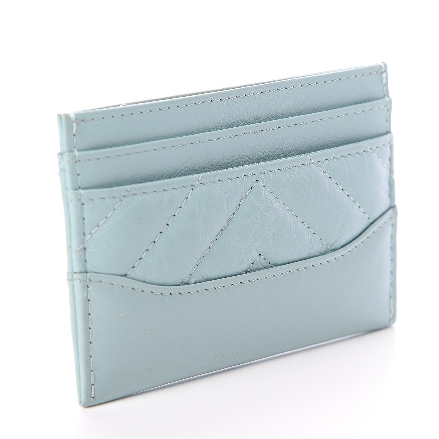 Chanel Aged Calfskin Chevron Quilted Gabrielle Card Holder Wallet Light Blue 2 of 7
