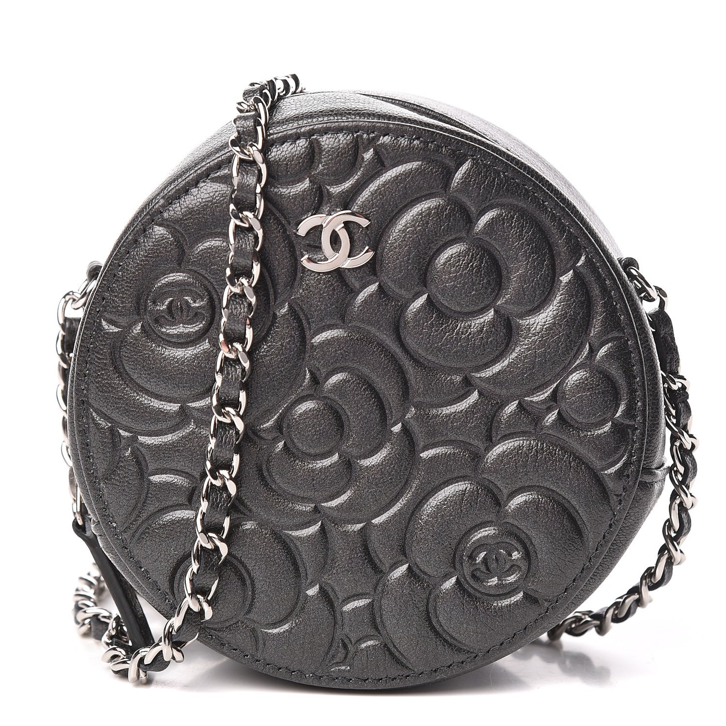 Goatskin Camellia Quilted Round Clutch With Chain Grey