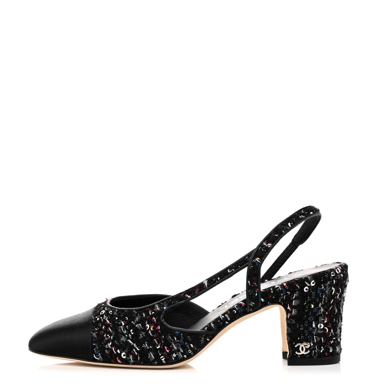 Chanel Tweed Lambskin Sequin Cap Toe CC Slingback Pumps 36.5 Black 1 of 9