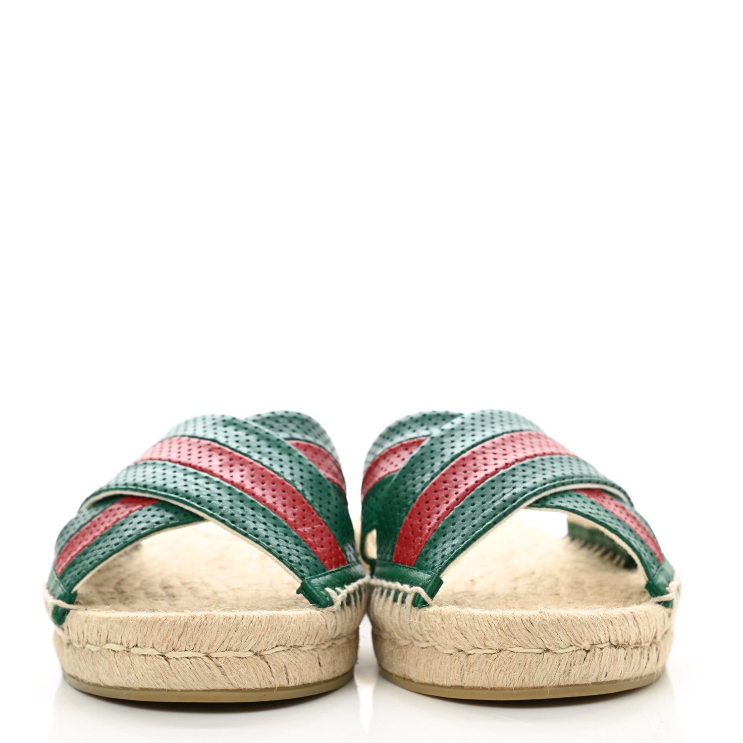 Gucci Malaga Kid Perforated Criss Cross Espadrille Slide Sandals 38 Emerald Hibiscus Red 2 of 10