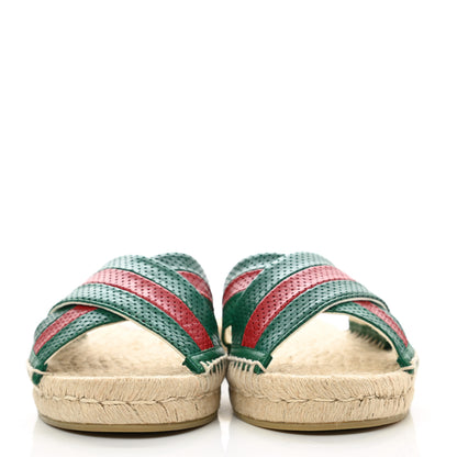 Gucci Malaga Kid Perforated Criss Cross Espadrille Slide Sandals 38 Emerald Hibiscus Red 2 of 10