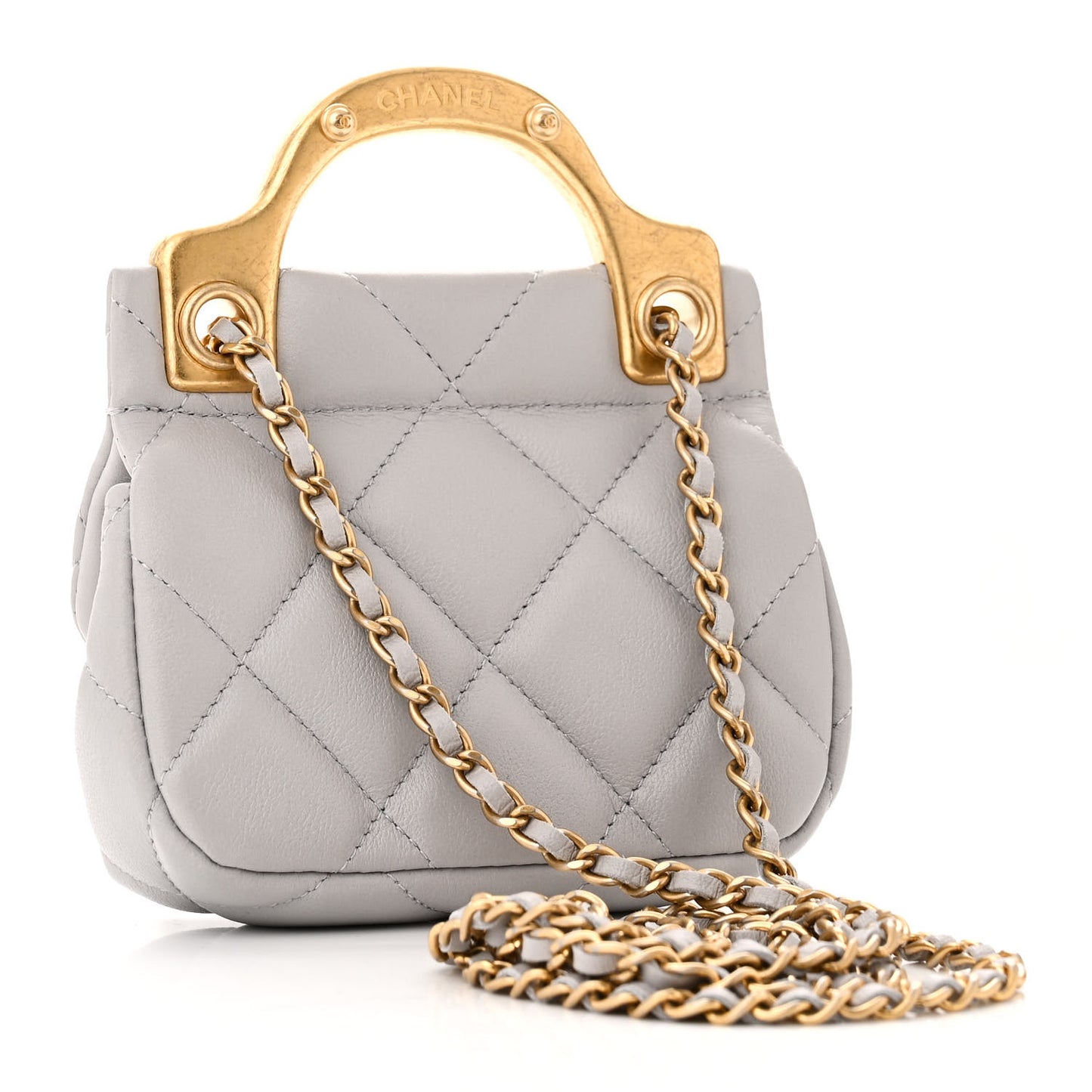 Calfskin Quilted Lady Handle Flap Card Holder With Chain Grey