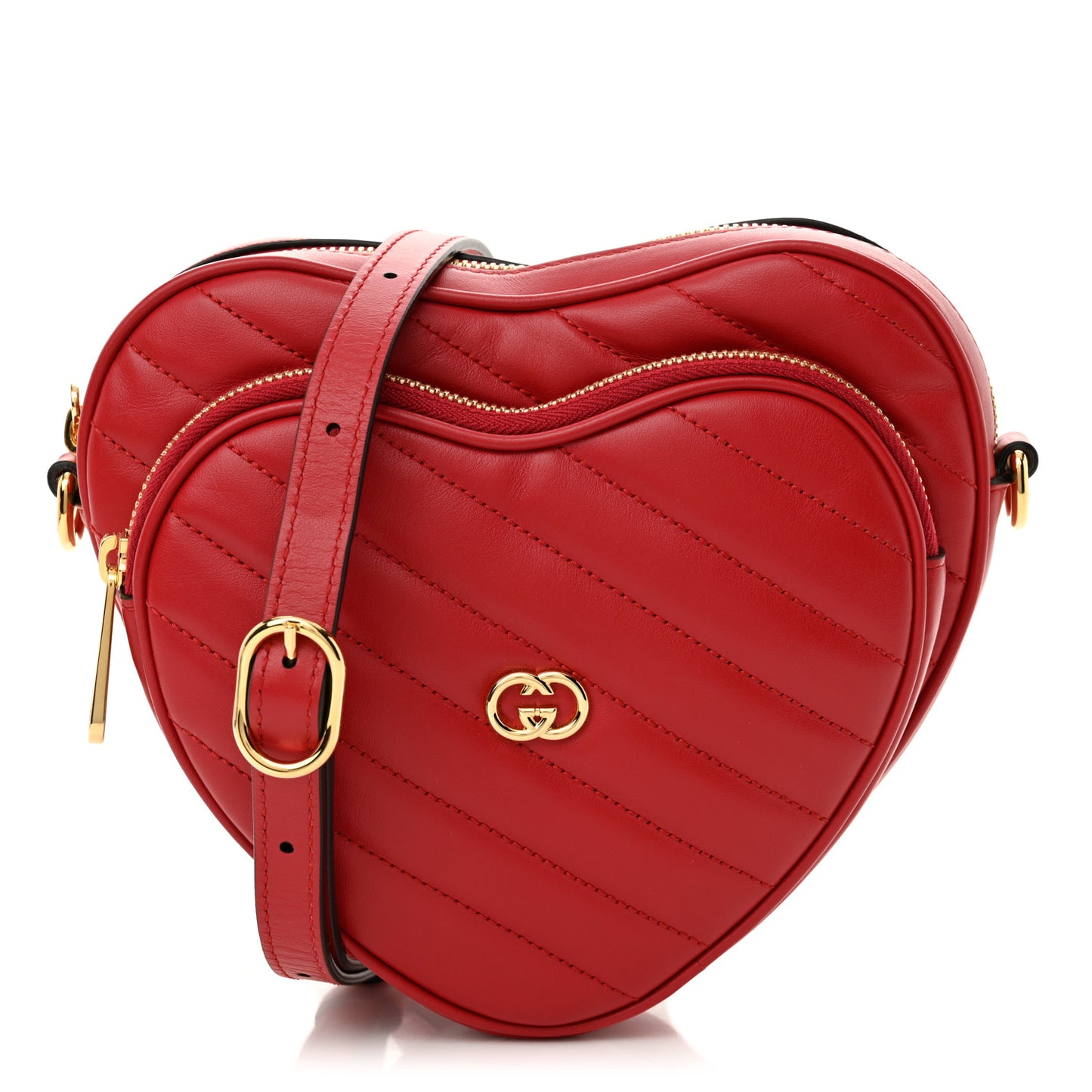 Calfskin Matelasse Diagonal Mini Interlocking G Heart Shoulder Bag Hibiscus Red