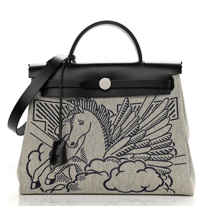 Hermes Vache Hunter Toile H Pegase Pop Herbag Zip Retourne 31 PM Bleu Indigo Ecru Black 3 of 16