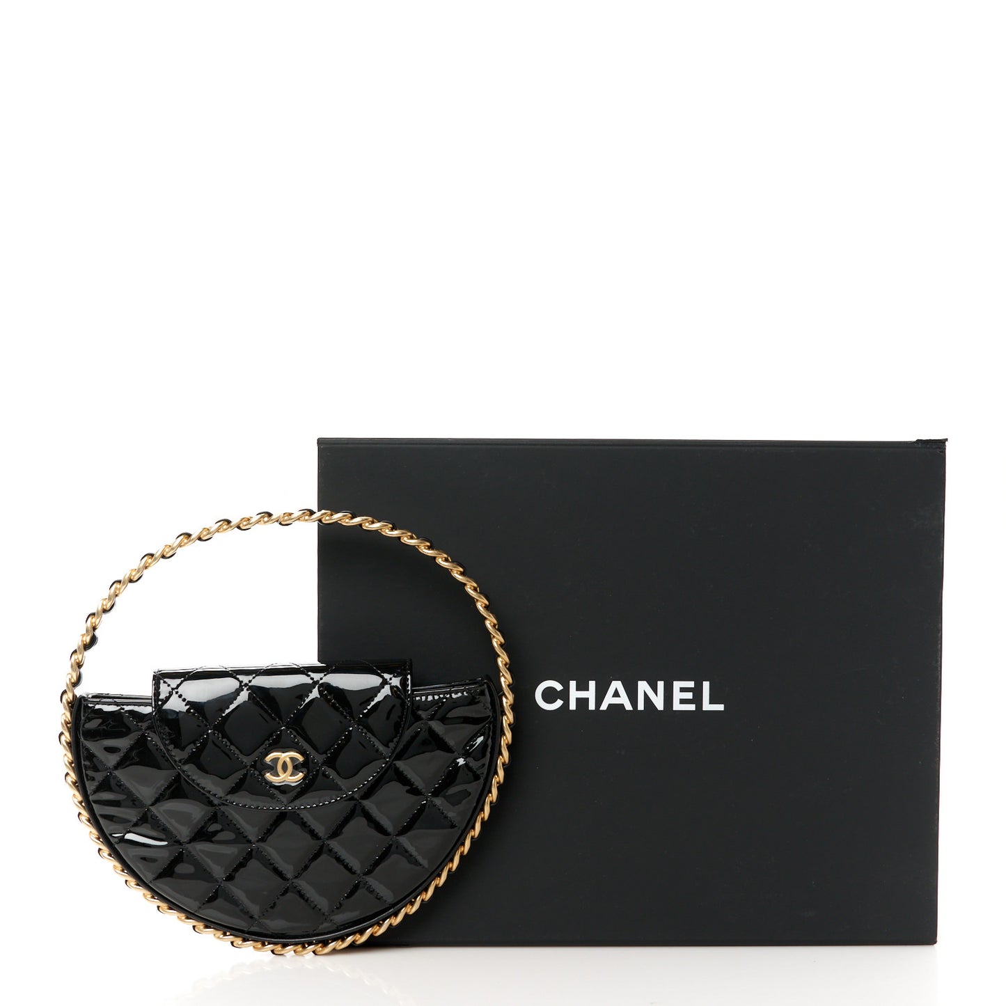 Patent Calfskin Quilted Chain Hoop Bag Black