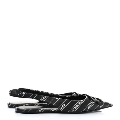 Balenciaga Calfskin Diagonal Allover Logo Print BB Knife Pointy Toe Slingback Flats 37 Black White 4 of 9