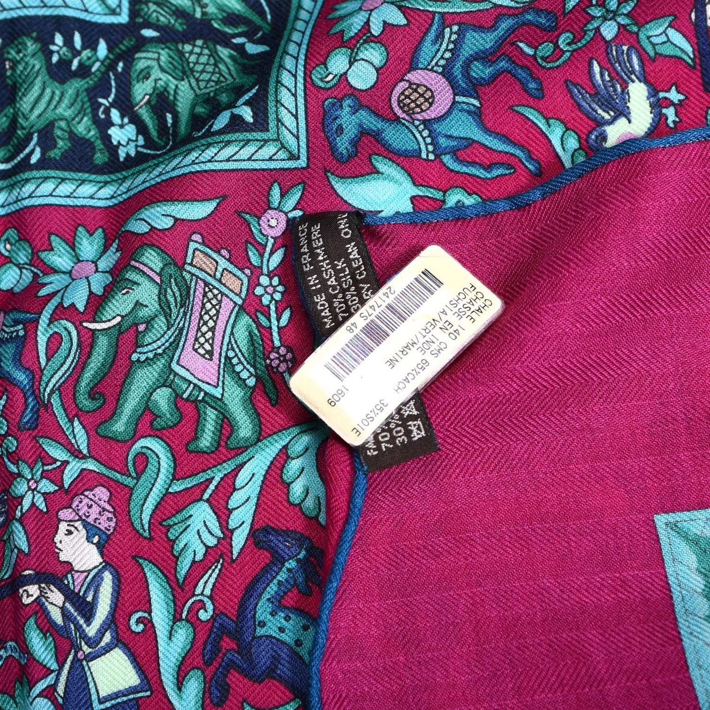 Cashmere Silk Chasse En Inde Shawl 140 Fuchsia Vert Marine