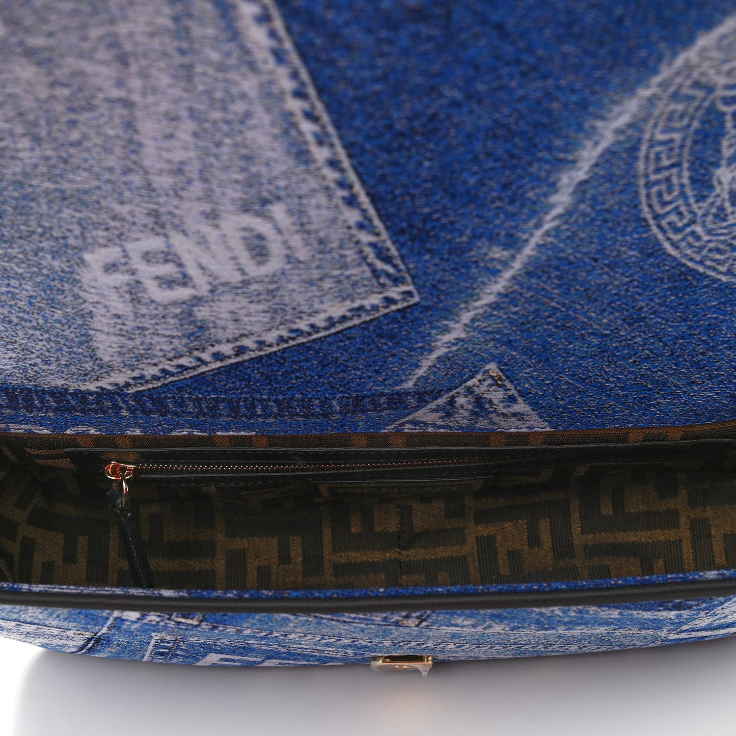 X FENDI Fabric Calfskin Medusa Denim Patchwork Print Baguette Blue Black Gold