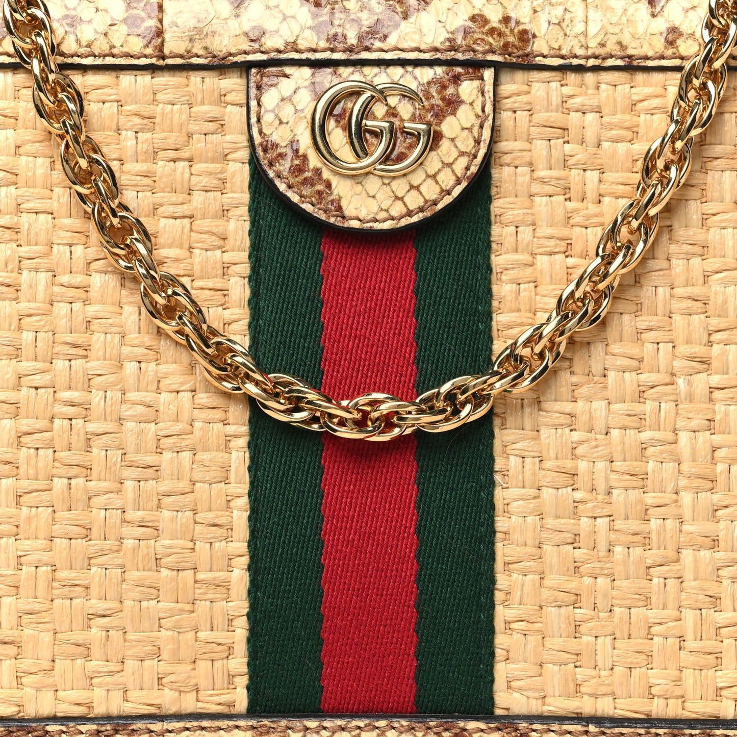 Raffia Elaphe GG Small Ophidia Chain Shoulder Bag Natural Cream Brown