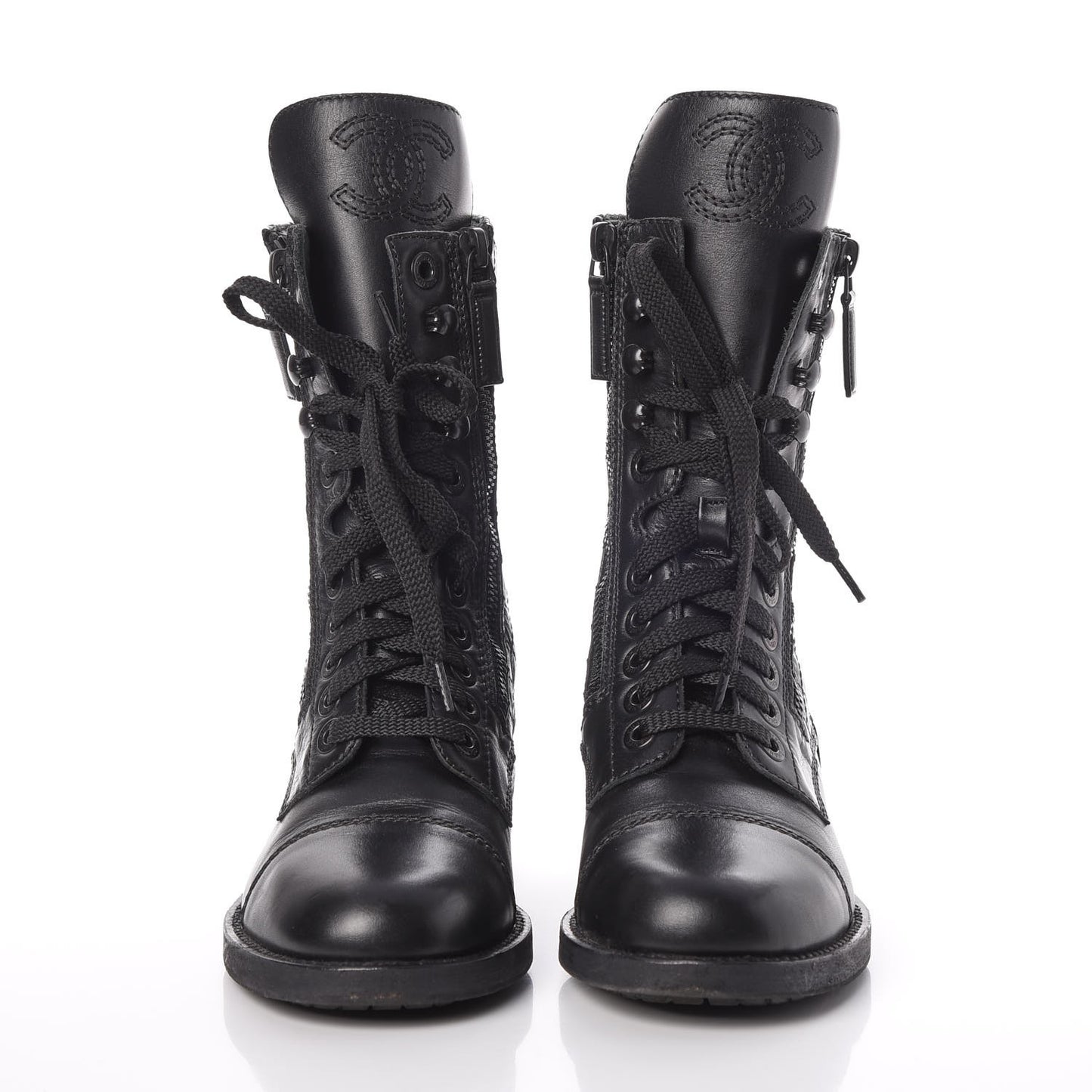 Calfskin Quilted Cap Toe Combat Boots 36 Black