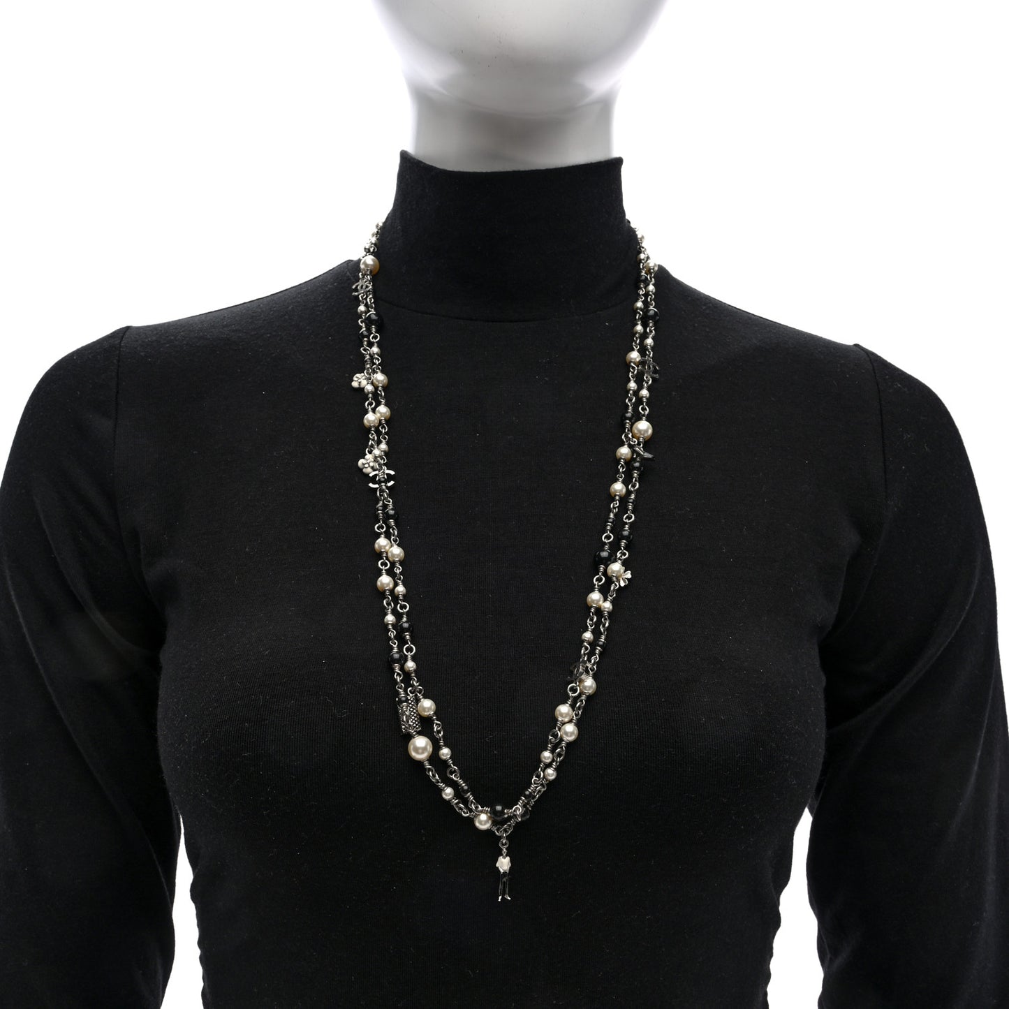 Pearl Beaded CC Charm Long Necklace Silver Black